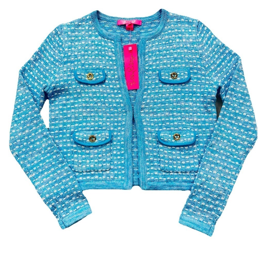 Lilly Pulitzer BlueMetallic Horizon KIENNA CARDIGAN SWEATER Womens XS Knit NWT